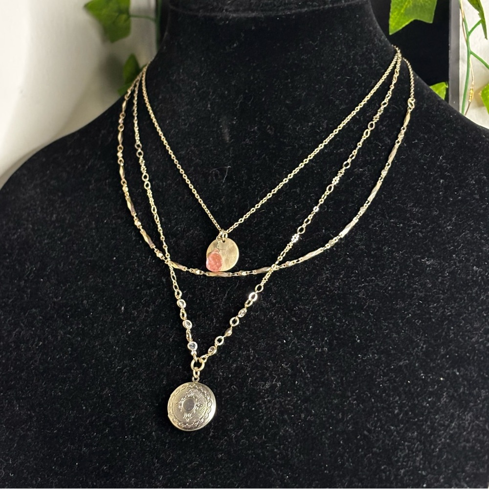 Layered Gold Tone Locket Necklace w/ Crystal Accents | Vintage Inspired